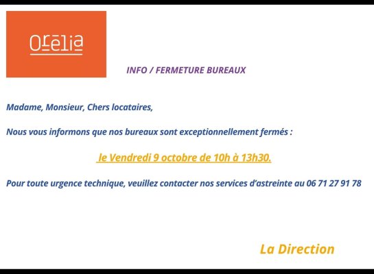 FERMETURE DES BUREAUX LE 09/10/2026